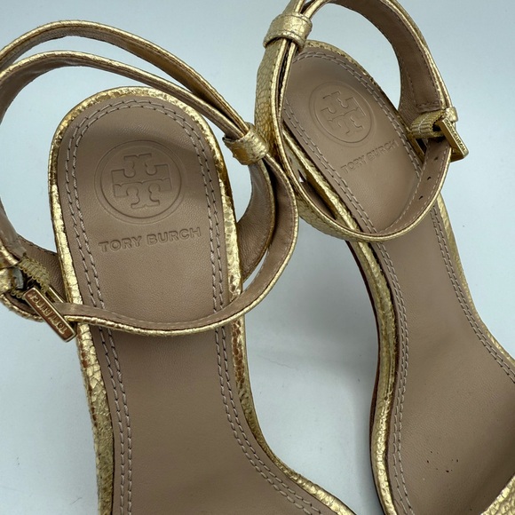 Tory Burch Gold Metallic Leather Ankle Strap Heels Sandals Size 5M - Picture 2 of 9